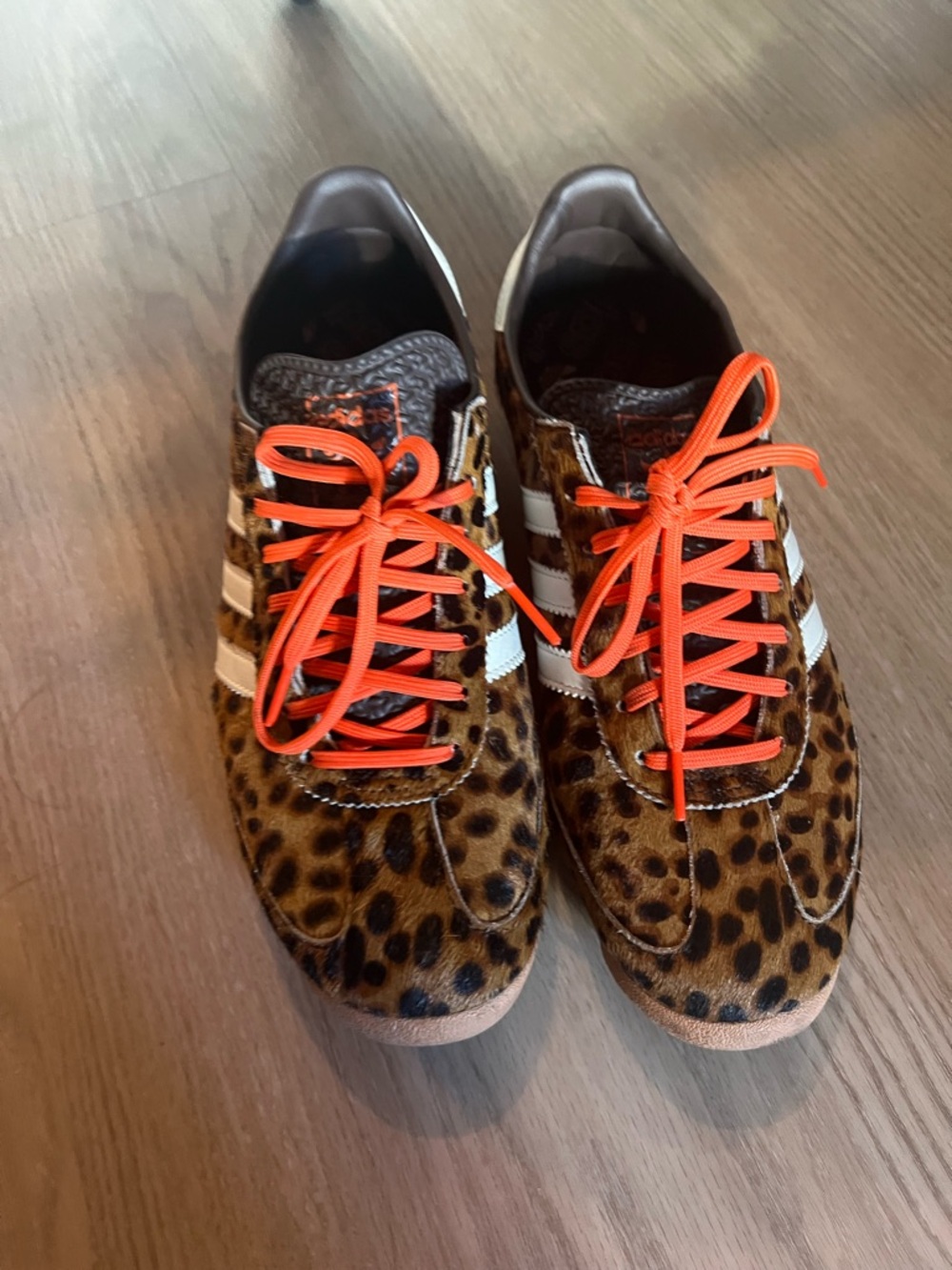 adidas Leopard Print Sneakers with White Stripes and Orange Laces